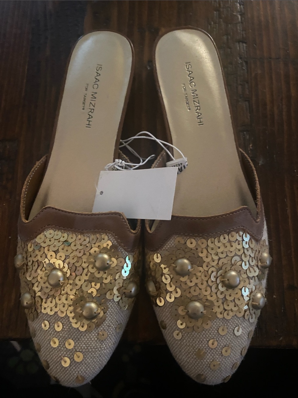 Isaac Mizrahi Gold Sequin and Stud Slip-On Mules